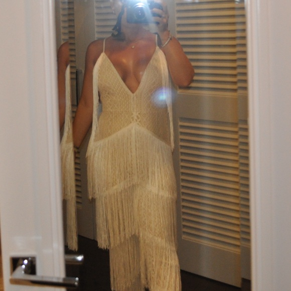 White/cream fitted fringe and crochet overlay jumpsuit - Picture 3 of 4